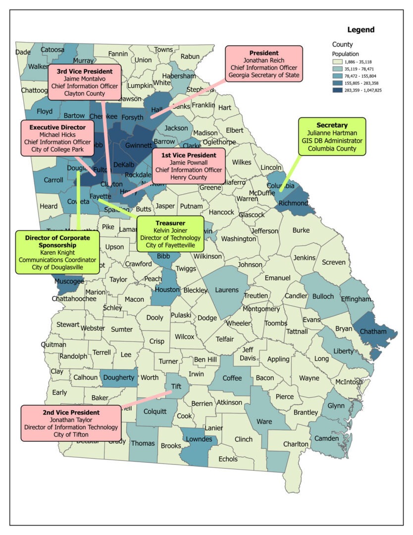 Georgia map of counties displaying where GA GMIS Leadership is from