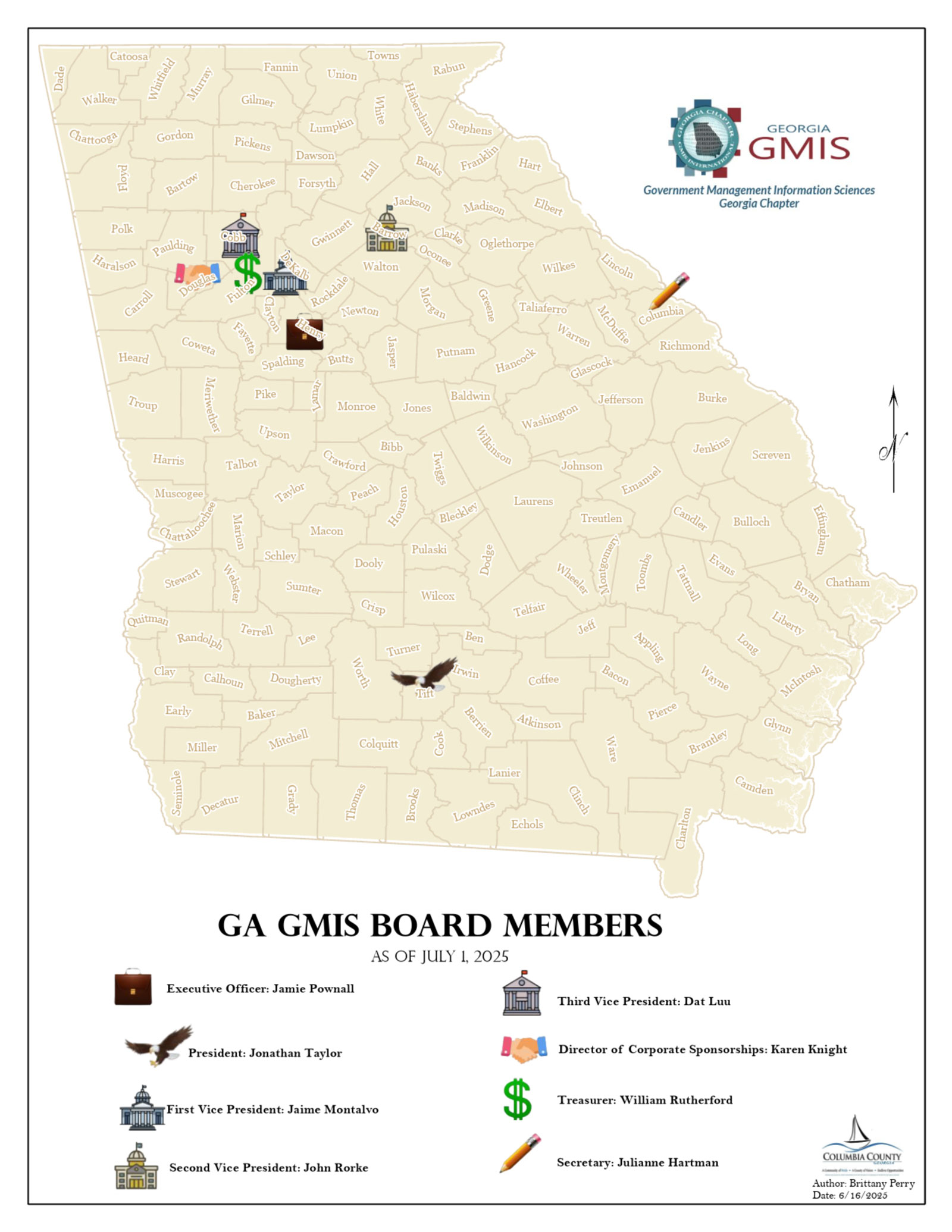 Map of Georgia indicating where Board Members are from
