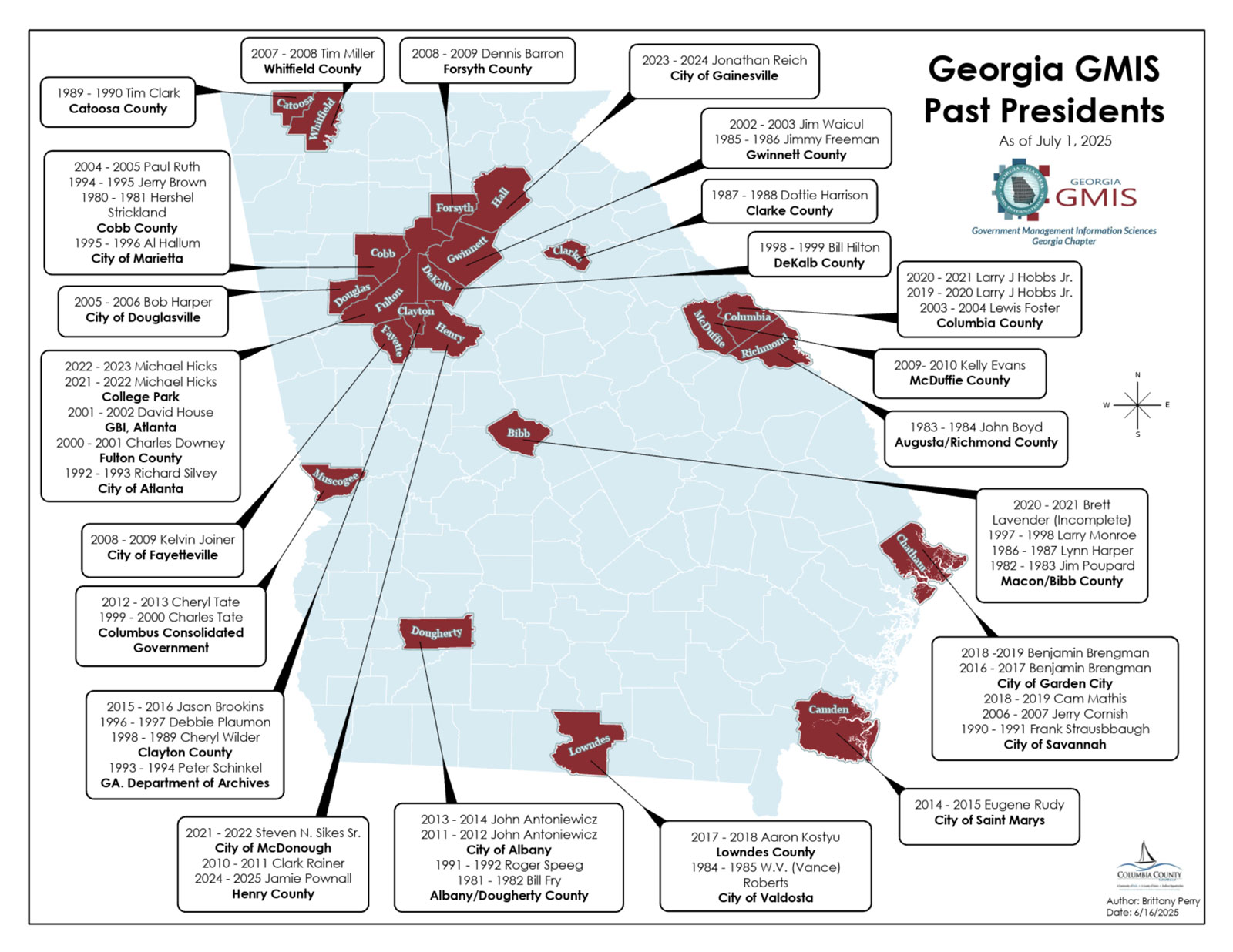 Map of Georgia indicating where past presidents are from